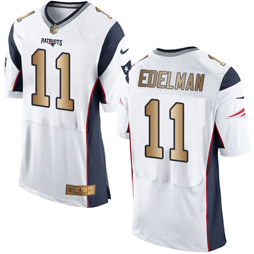 Nike Patriots #11 Julian Edelman White Men's Stitched NFL New Elite Gold Jersey - Click Image to Close